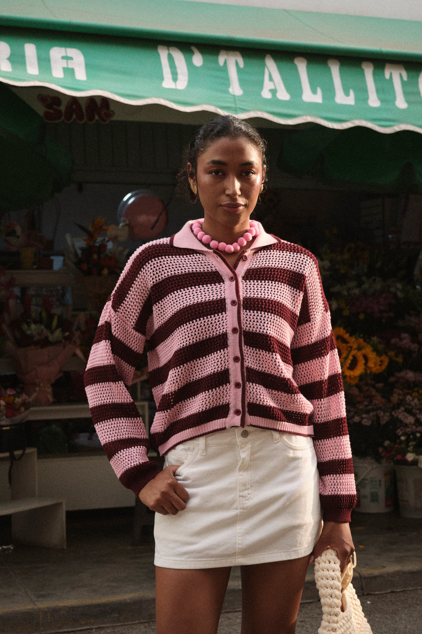 Cárdigan Cotidiano Ciruela Con Rosado
